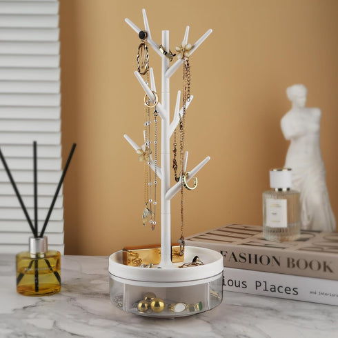 Branch Jewelry Rack With Rotatable Base and Storage Box Tree Tower Rack Hanging Organizer for Ring Earrings Necklace Bracelet,Suitable for living ...