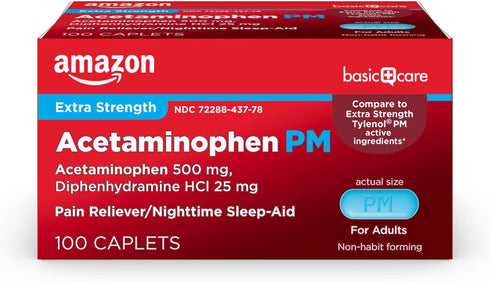 Amazon Basic Care Acetaminophen PM Caplets, Pain Reliever Plus Nighttime Sleep Aid, Extra Strength, Helps Occasional Minor Aches, Pains and Headac...