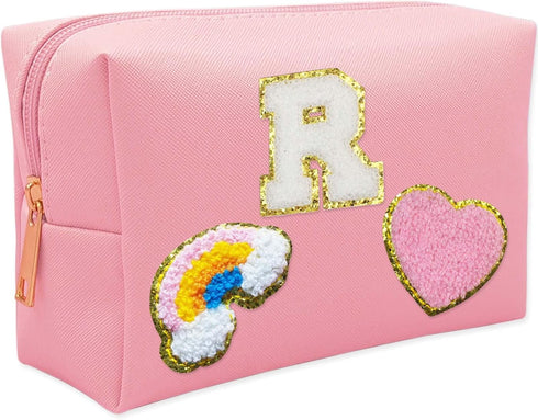 Personalized Inital Preppy Makeup Bag Set with Zipper, Monogram Waterproof Travel Cosmetic Bag for Women, Cute Preppy Patch Toiletry Bag for Trave...