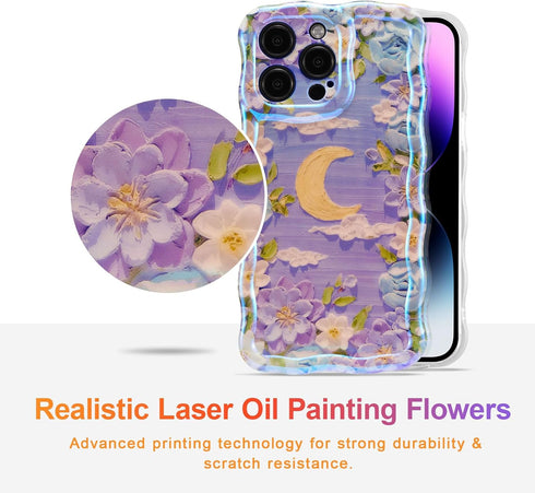 EYZUTAK Case for iPhone 13 Pro Max, Colorful Retro Oil Painting Flower Moon Pattern Laser Cute Curly Wave Edge Exquisite Phone Cover Stylish Durab...