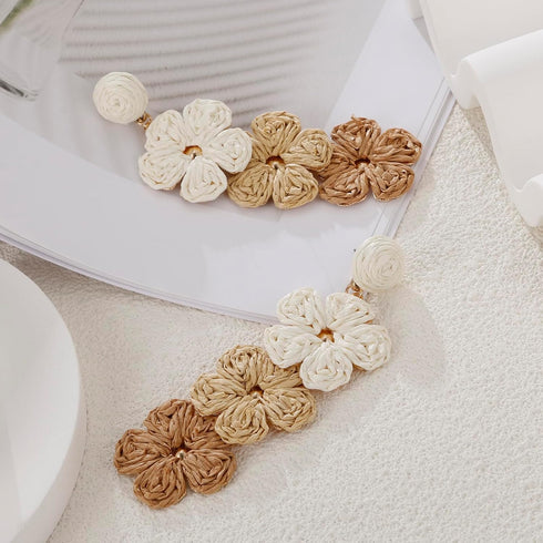 Raffia Flower Earrings, Raffia Straw Wrapped Flower Drop Dangle Earrings Summer Tropical Beach Jewelry...