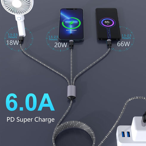 100W USB C to Multi Charging Cable6FT, 6A PD USB C Fast Charging Cable, 5 in 1 Braided Multi Charging Cable with IP/Type C/Micro USB Universal Syn...