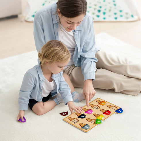 Wooden Puzzles for Toddlers,Montessori Toys,Preschool Learning Activities,Peg Puzzle with Ice Cream Shape and Color Number Matching Educational To...
