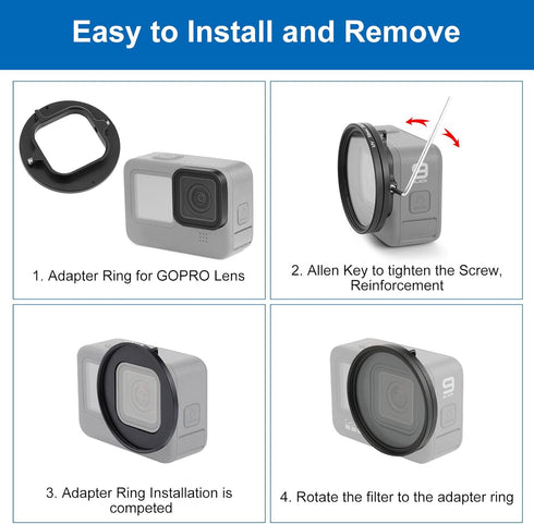 PULUZ 52mm UV?ND2-400 Lens Filter Adjustable Neutral Density Filter for GoPro Hero11 / Hero11 Black Mini / HERO10 / HERO9 with Adapter Ring and Le...