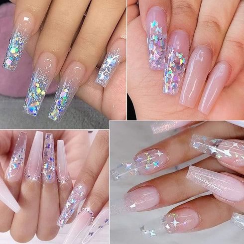 Nail Art Glitter Sequins Nail Art Supplies 12 Grids Holographic Laser Silver Nail Decals 3D Butterfly Letter Heart Nail Art Stickers for Acrylic N...