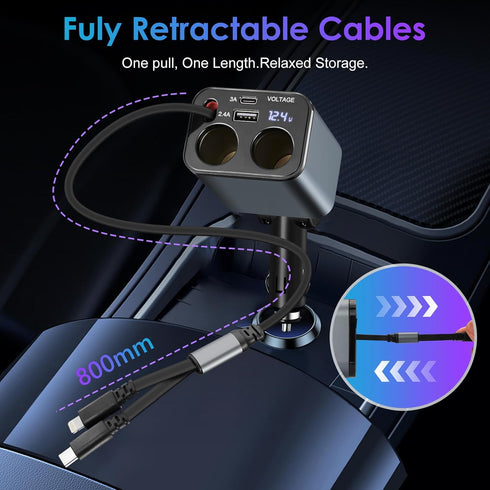 MQOUNY Retractable Car Charger,6 in 1 Fast Car Phone Charger 159W,USB C and 2 Cigarette Lighter Adapter,Retractable Cables Compatible with iPhone ...