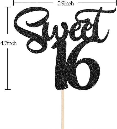 Black Glitter Sweet 16 Cake Topper - Happy 16th Birthday Cake Topper Decor - Cheers to 16 Years - 16th Wedding Anniversary Party Supplies...