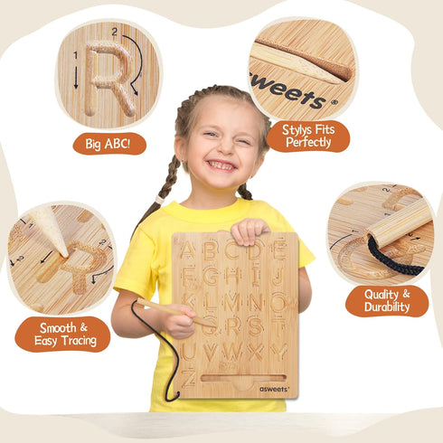 Asweets Wooden Letters Practicing Board,Double-Sided Alphabet Tracing Boards to Writing ABC Educational Toy Game Tool Montessori Kids Gift for Pre...