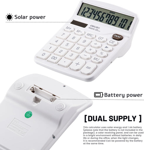 Calculators Desktop, White Calculator, Cute Calculator 12 Digit Desk Calculator Large Display, Dual Power Solar Battery, Office Home School Suppli...