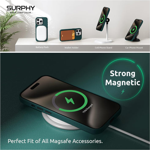 SURPHY Designed for iPhone 15 Pro Leather Case with Screen Protector Compatible with MagSafe, Faux Leather Case (Metallic Buttons & Microfiber Lin...