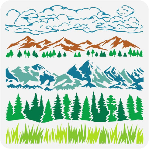 FINGERINSPIRE Natural Scenery Border Painting Stencil 11.8x11.8inch Reusable Grass Pine Trees Mountains Clouds Pattern Drawing Template Decor Sten...