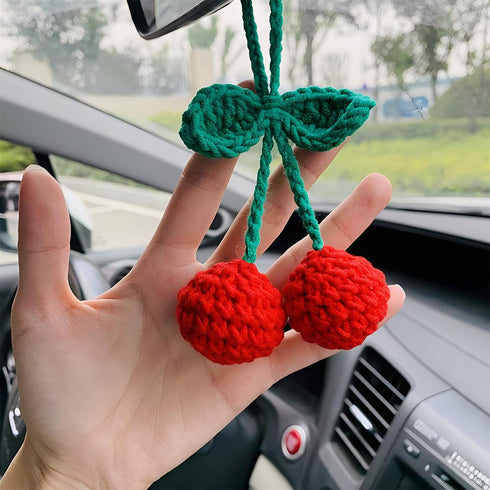 Car Rear View Mirror Hanging Accessory, Cute Cherry Car Accessories, Crochet Car Decor, Hand Knitted Car Mirror Hanger...