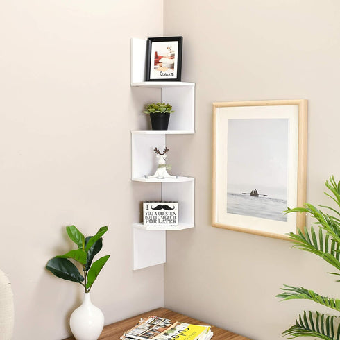 WELLAND Zig - Zag Floating Corner Shelves, 4-Tier Wall Mounted Storage Shelf with White Finish for Bedroom, Living Room, Bathroom, Display Shelf f...