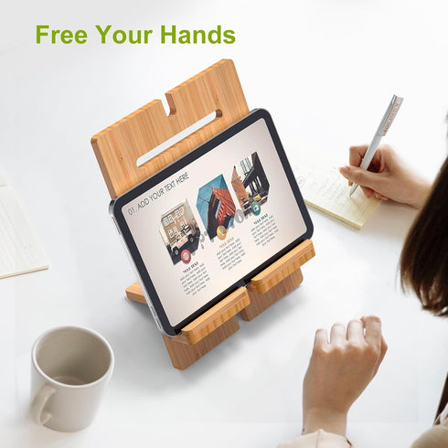 Pezin & Hulin Bamboo Tablet Stand Adjustable, Desktop Cell Phone Stand Holder Dock Compatible with Pad 9.7, 10.5, 12.9, Air 2 3 4 Mini, Kindle, Ph...