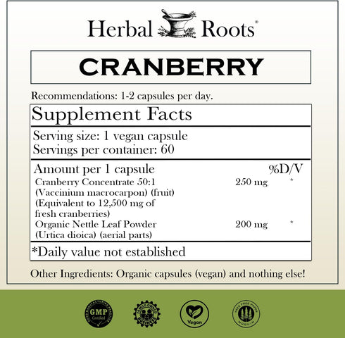 Herbal Roots Extra Strength Cranberry Pills for Women & Men with Organic Nettle | Urinary Tract Health | 60 Vegan Capsules...