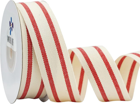MEEDEE Natural Cotton Ribbon Stripes Fabric Ribbon 1 inch Red and White Stripe Ribbon for DIY Crafts Ribbon for Gift Wrapping Home Decor Sewing (1...