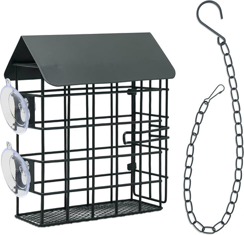 Window Suet Bird Feeder - Single Suet Cake Holder with Roof - Outside Decor - Attract Wild Birds, Woodpeckers - Complete with Hanging Chain...