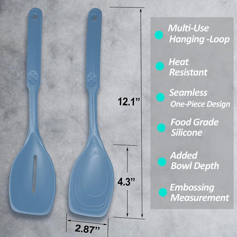 2 Pack Large Silicone Cooking Spoon, Non-Stick Slotted and Solid Spoon set with Deep Bolw- Measurement Mark for Mixing, Serving, Scooping, Scrapin...