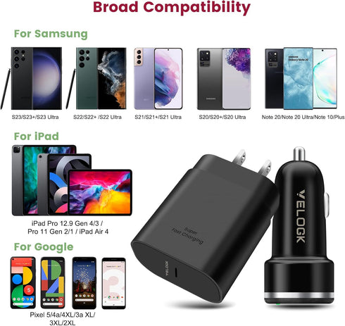 Super Fast Charger Type C Kit, VELOGK 25W PD PPS USB C Wall/Car Charger for Samsung Galaxy S25/S24/S23 Ultra/S23+/S23/S22/S21/S20/Plus/Note 20/A71...