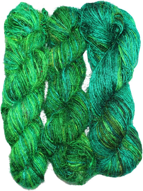 Premium Recycled Sari Silk Yarn - Ocean of Green Multicolour (120 Yards) - Eco Friendly Silk Sari Yarn......