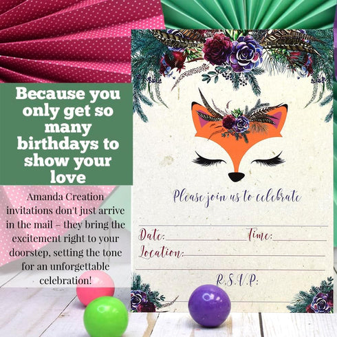 Woodland Forest Fox Face Floral With Greenery Birthday Party Invitations, 20 5x7 Fill In Cards with Twenty White Envelopes by AmandaCreation...