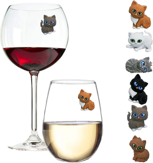 Cat Wine Charms or Drink Glass Markers - Magnetic - Great Birthday or Hostess Gift for Cat Lovers - Set of 6 Cute Kitty Glass Identifiers...