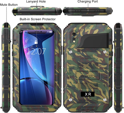 Beasyjoy for iPhone XR Metal Case Heavy Duty with Screen Full Body Protective Waterproof Shockproof Drop Proof Tough Rugged Hybrid Military Grade ...