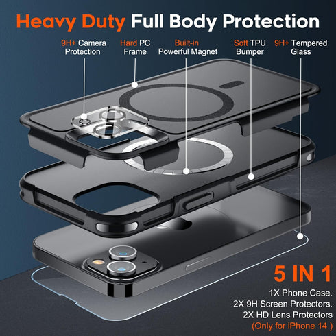 SUPFINE Magnetic for iPhone 14 Case, (Compatible with MagSafe)(12FT Military Grade Drop Protection) 2X Tempered (Glass Screen+Camera Lens Protecto...