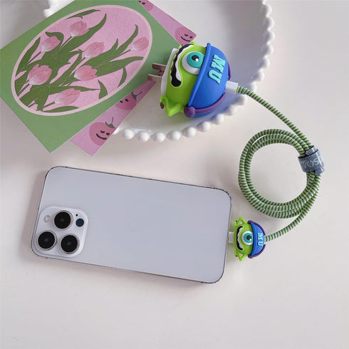 3D Cute Cartoon Charger Protector Case - Compatible for Apple 20W USB-C Power Adapter and Lightning Cable (Green Hat Mike)...