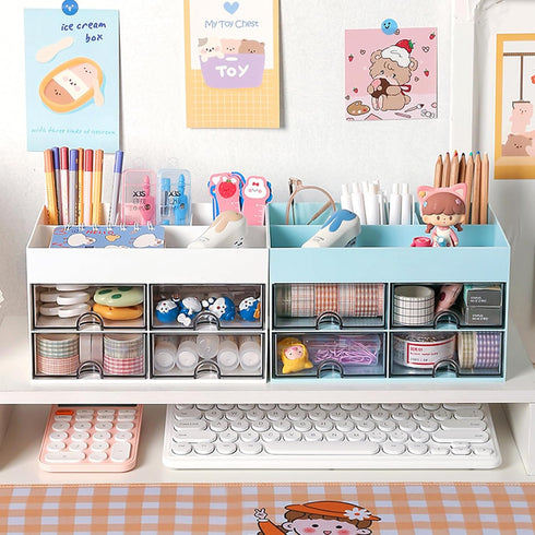 Desk Organizer and Accessories with 4 Compartments and 4 Drawers, Plastic Makeup Organizer, Pen Holder for Desktop Storage, Desk Organization for ...