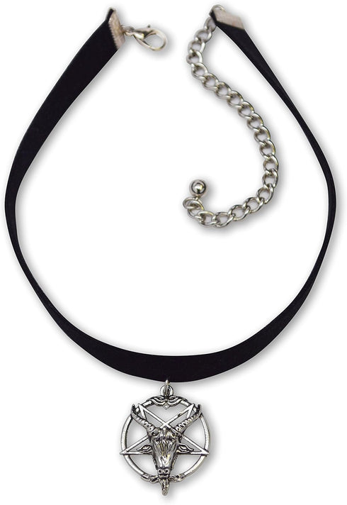 Baphomet Goat Head Satanic Inverted Pentacle Black Velvet Choker Adjustable...