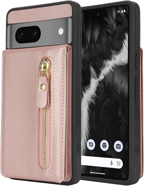 for Google Pixel 7 Case with Card Holder for Women, for Google Pixel 7 phone Case Wallet with Credit Card with Ring Kickstand Zipper Shockproof Sl...