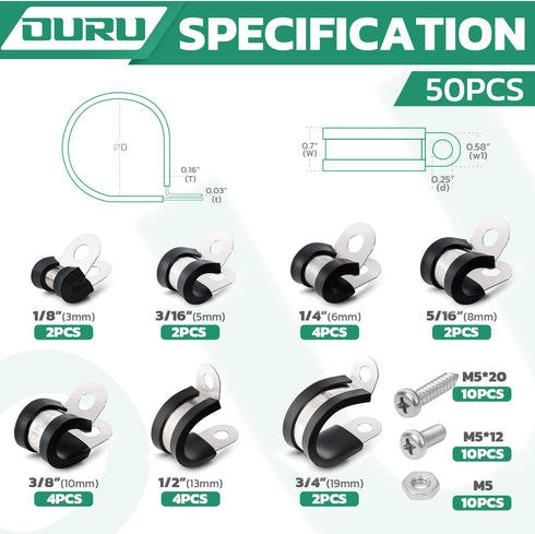 50PCS Cable Clamps with Screws Assortment Kit 7 Sizes—1/8" 3/16" 1/4" 5/16" 3/8" 1/2" 3/4" Stainless Steel Rubber Coated Cushioned Insulated Cable...