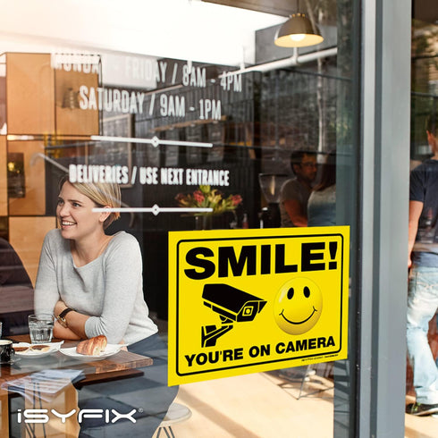 iSYFIX Smile You're on Camera Stickers for Business - 2 Pack 14x10 Inch - Self-Adhesive Vinyl, Laminated for UV Protection, Weather, Fade Resistan...
