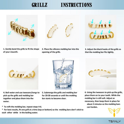 Open Face Grillz Teeth 24k Gold Grillz Plated Caps New Custom Fit Top & Bottom Grill Set for Kids + Extra Molding Bars + Microfiber Cloth...