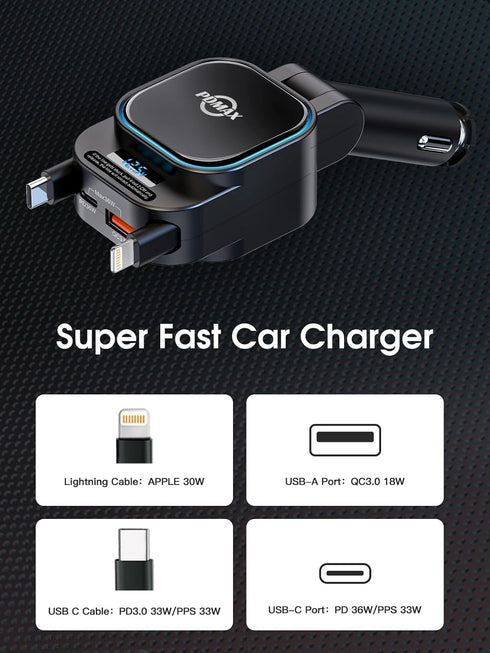 4-in-1 Retractable Car Charger - 96W Fast Car Phone Charger with Dual Retractable Cables (USB-C & iOS) and USB Ports, Compatible with iPhone 15/14...
