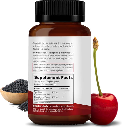 Nutrition, Tart Cherry Extract, Enhanced with Black Seed Powder, 120 Vegan Capsules, 500 mg per Capsule, Antioxidant, Helps to Sleep, Immune Syste...
