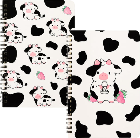 L1rabe 2 A5 Cow Spiral Notebooks Cute Funny Cow Pink Strawberry Milk College Ruled Notebooks Hardbound Spiral Travel Drawing Journal Notepad Diary...