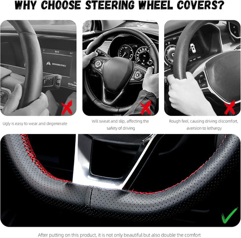 Micro Fiber Leather Steering Wheel Cover, DIY Sewing with Needle & Thread, Breathable Anti-Slip Car Steering Wheel Protector, Universal 15 Inch Au...