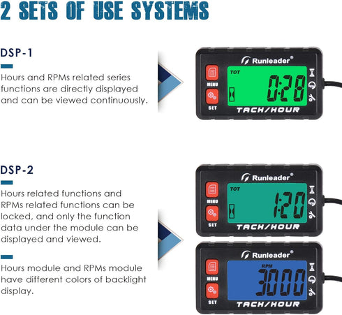 Runleader Hour Meter Tachometer, Maintenance Reminder, Alert RPM Reminder, Multi-Color Backlit Display,Initial Hours Settable, Use for Lawn Mower ...