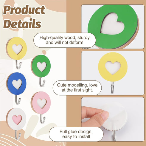 Wooden Double Heart-Shaped Self-Adhesive Hooks, 5pcs Key Holder Coat Hook Strong Adhesive Hooks for Home Office Hotel Wall Decoration...