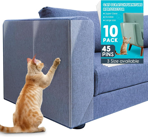 10 Pack Cat Scratch Furniture Protector 45 Pins, Self-Adhesive Cat Scratcher Tape Invisible, Single Side Anti Cat Scratch Deterrent for Sofa, Door...