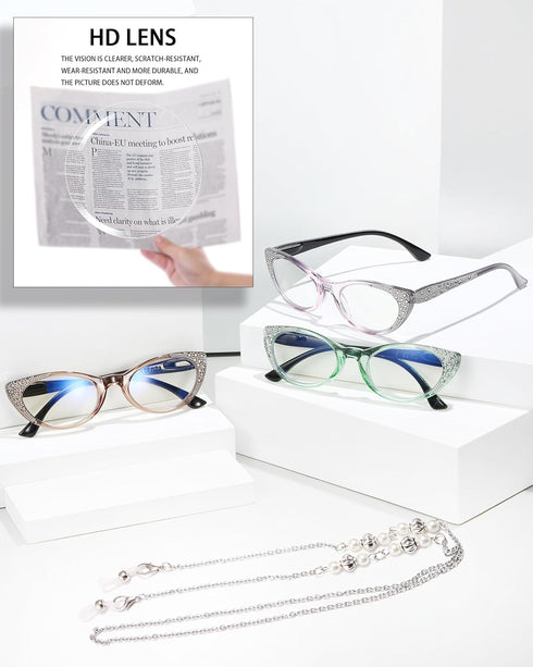 EYEURL Cat Eye Reading Glasses for Women 2.25 Blue Light Blocking 3 Pack Computer Readers with Comfortable Spring Hinge Lightweight Eyeglasses for...