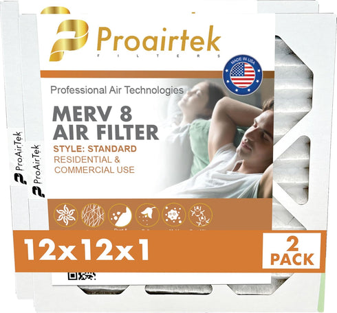 Proairtek AF12121M08SWH Model 12x12x1 Pack of 2 Air Filters, MERV 8; Ideal for Anyone Wanting Clean, Crisp Air in Their Home; It Captures Microsco...