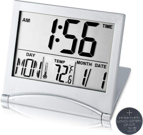 Digital Travel Alarm Clock Battery Operated, Portable Large Number Display Alarm Clock with Temperature,12/24 H Small Desk Clock -Silver (NO Light...