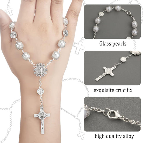 4 Pcs Car Rosary Saint Benedict Silver Rosary Rearview Mirror Hang Auto Rosary with Car St Christopher Visor Medal Car Cross Religious Accessory B...