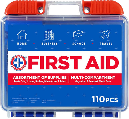 Be Smart Get Prepared 110 pc First Aid Kit: Clean, Treat, Protect Minor Cuts, Home, Office, Car, School, Business, Travel, Emergency, Outdoor, Cam...