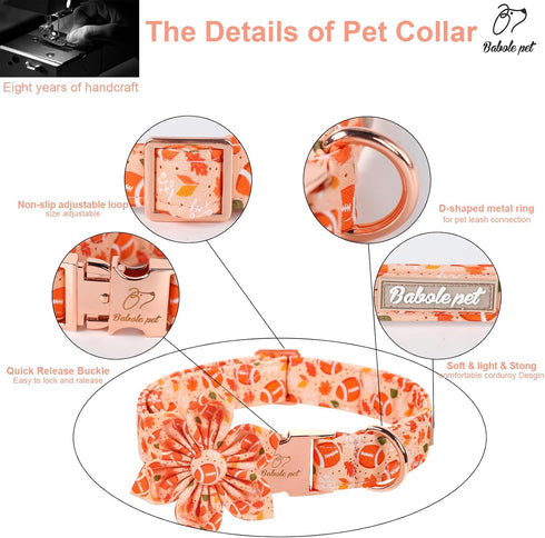 Fall Girl Dog Collar Flower Tie,Orange Maple Leafs Rugby Floral Dog Collar with Safety Metal Buckle Adjustable Puppy Collars for Small Medium Larg...