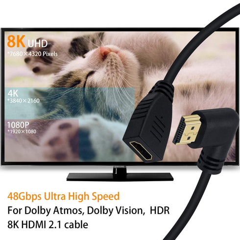 Poyiccot 8K HDMI Extension Cable, Short 8K HDMI 90 Degree Left Angle Male to Female HDMI 2.1 Cable Adapter 48Gbps with 8K 60Hz Video and 3D HDR fo...