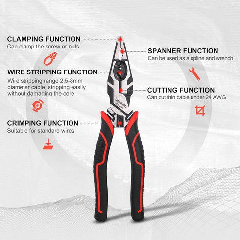 HAUTMEC Pro 8" Multifunctional Combination Linesman Plier with Cable Cutter, Wire Stripper, Terminal Crimping, Tool Clamping and Spanner, High lev...